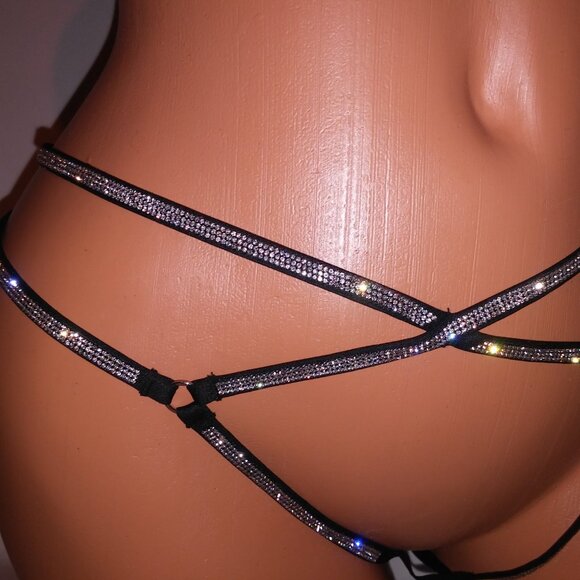Victoria Secret Panty Thong Shine Strap Black Silver Bling Very Sexy Strappy New - Picture 5 of 10